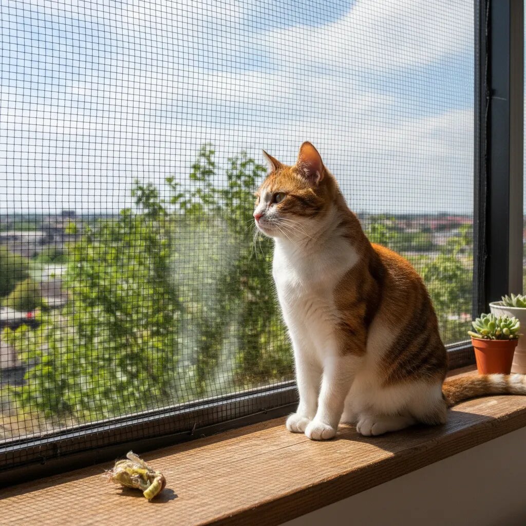 Кошка сидит на подоконнике за защитной сеткой-антикошкой