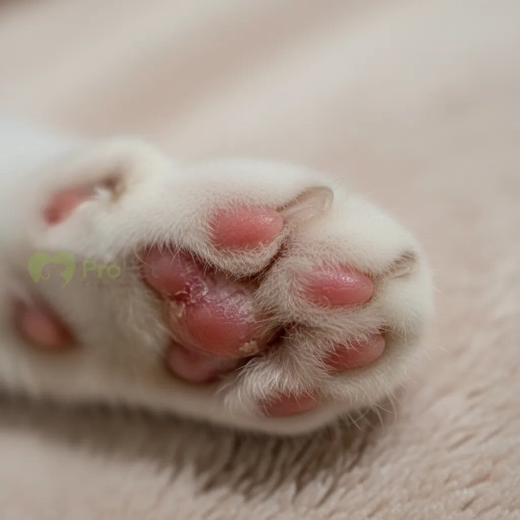 Лапа кошки с покрасневшей и раздраженной кожей между подушечками.