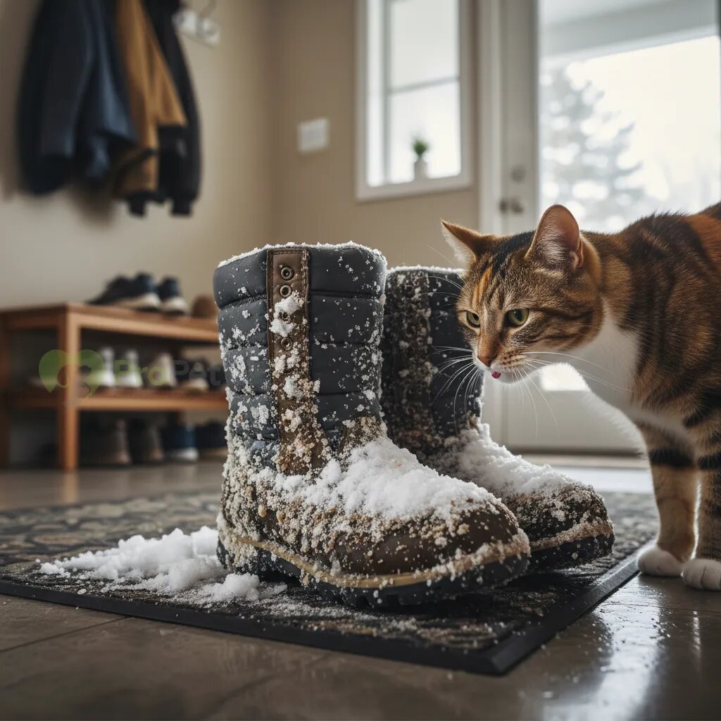 Кошка обнюхивает ботинки в прихожей, покрытые снегом и реагентами.