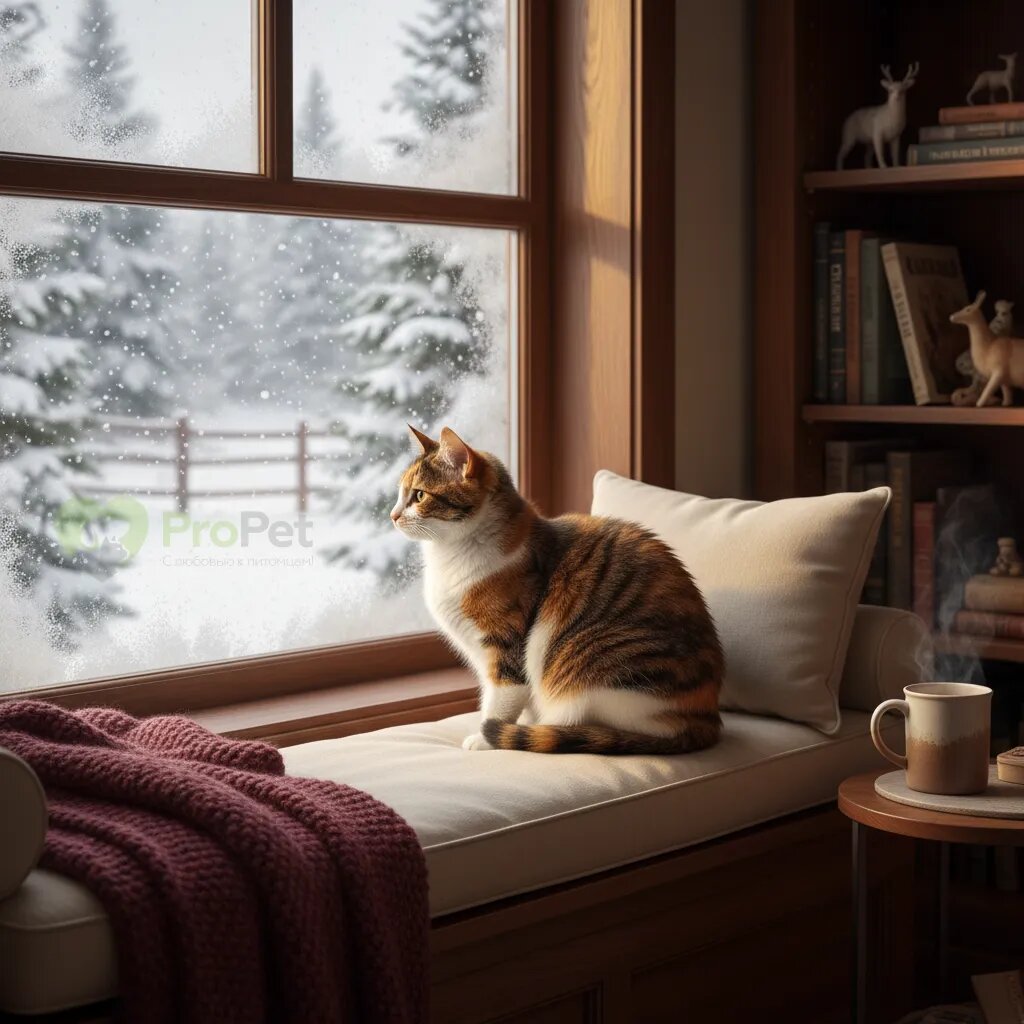 Кошка смотрит в заснеженное окно из теплой комнаты