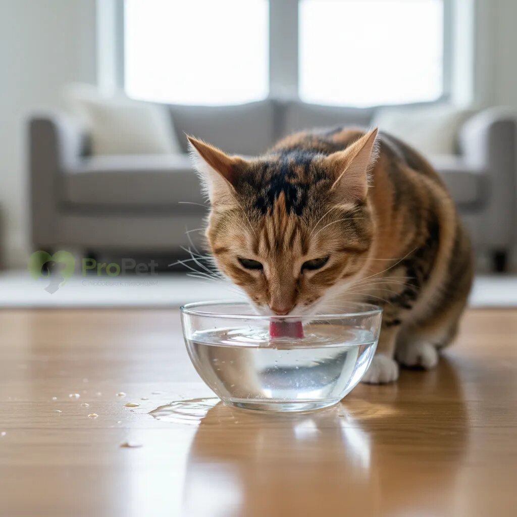Кошка пьет из миски с чистой водой