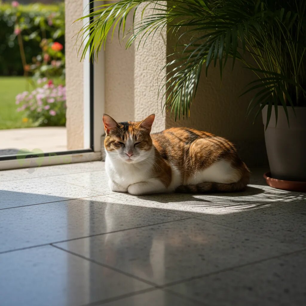 Спокойная кошка отдыхает в тени на прохладном полу