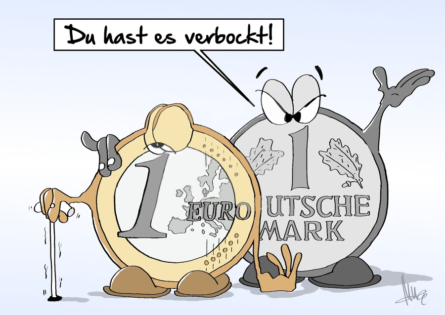 На карикатурной иллюстрации немецкая марка говорит евро: ты все испортил! Источник иллюстрации: https://de.toonpool.com/cartoons/Verbockt_240164. Автор: Marcus Gottfried