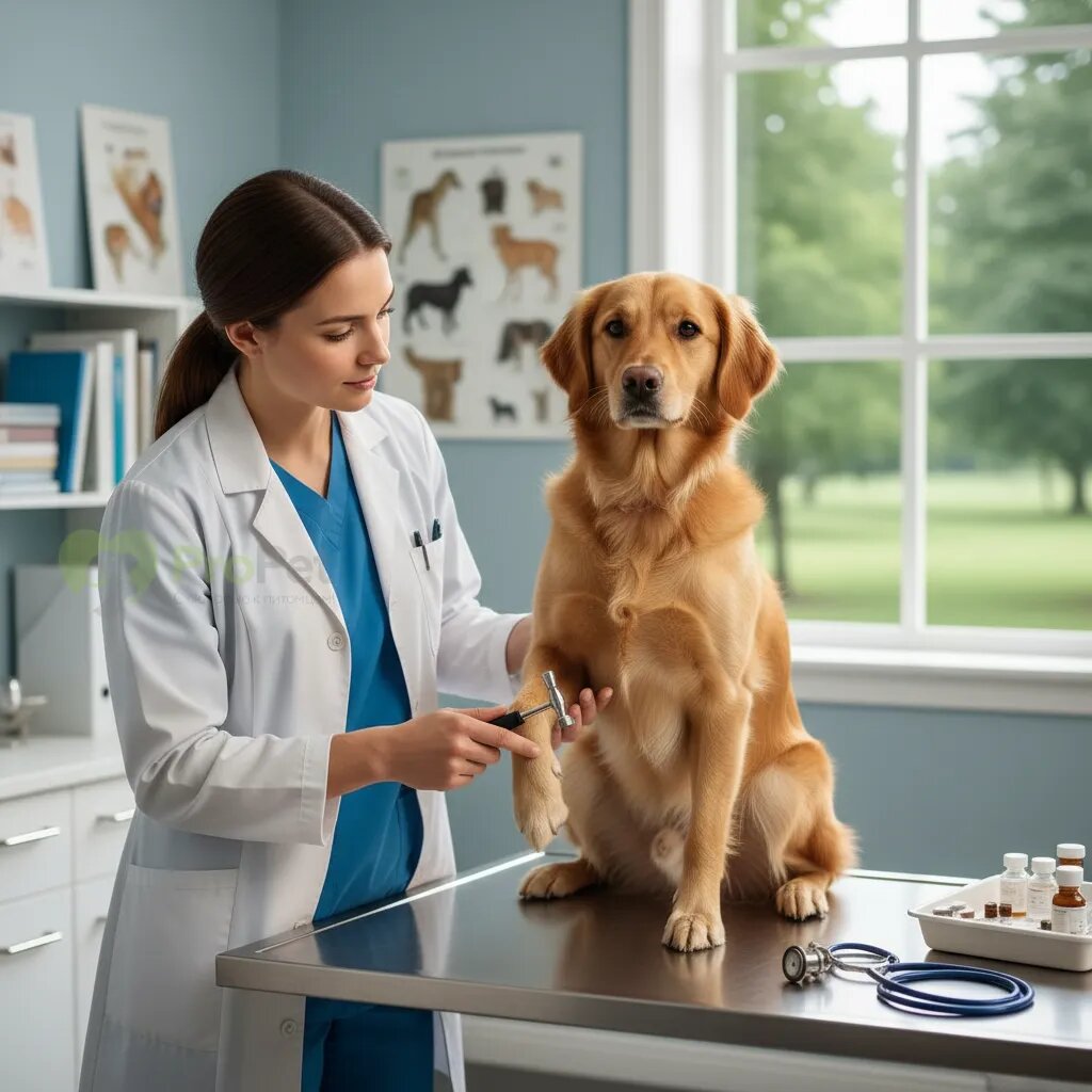 Ветеринар проводит неврологический осмотр собаки на столе