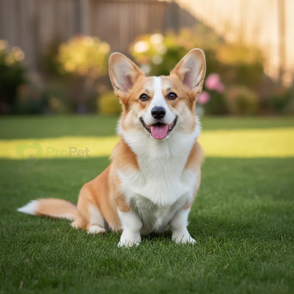 Собака породы корги сидит на траве, глядя в камеру