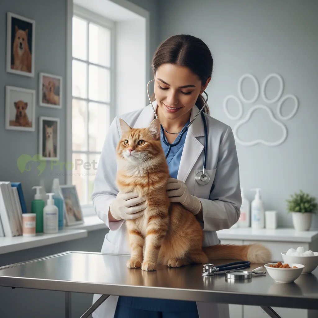 Внимательный ветеринарный врач осматривает кошку на столе