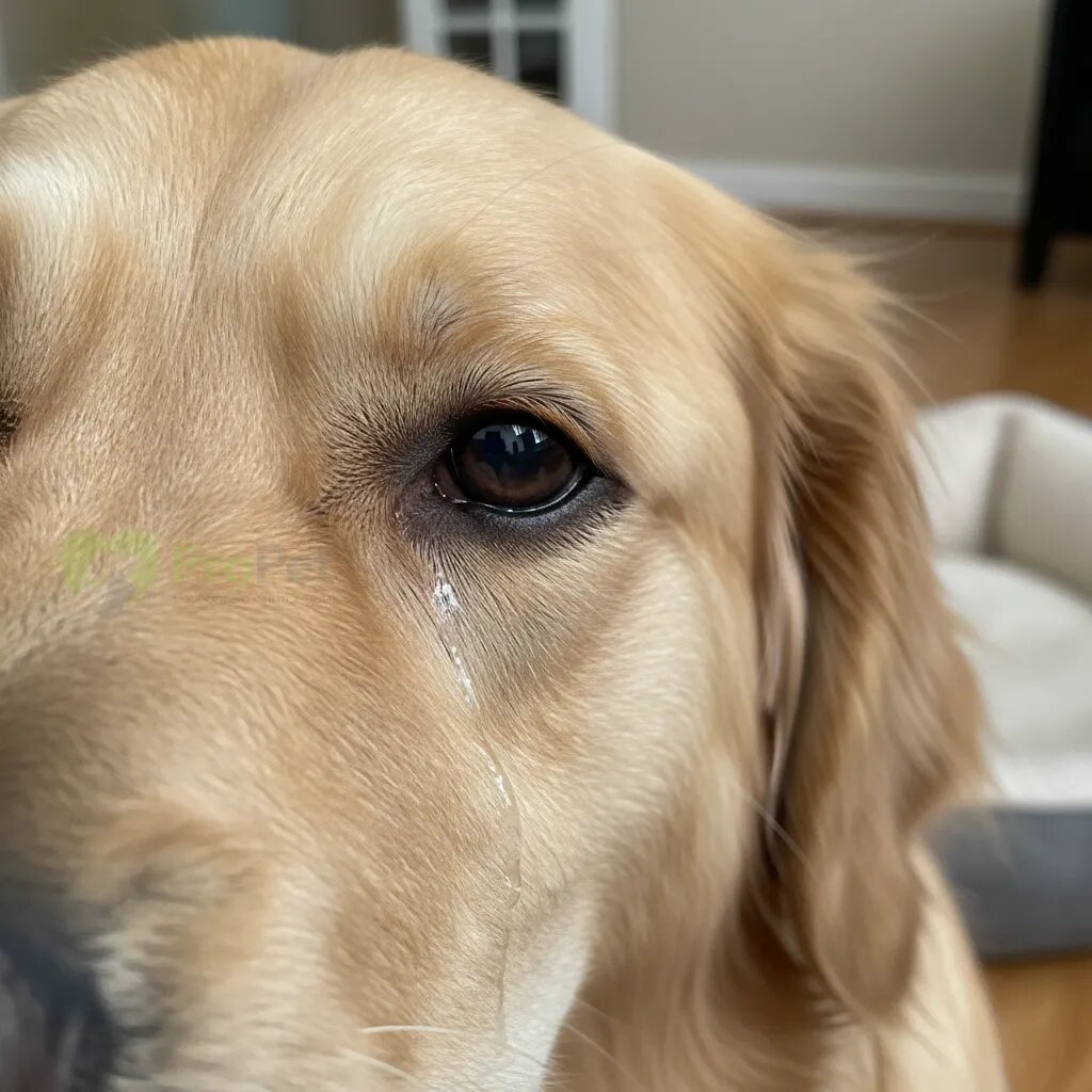 Собака с заворотом века, глаз выглядит раздраженным и слезится