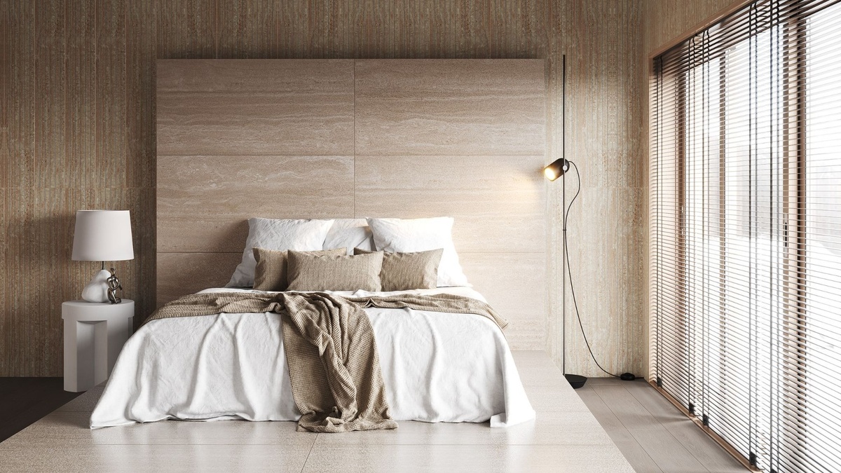 Керамогранит Tolanto, поддерживающий в спальне теплую уютную атмосферу. Фото: Estima