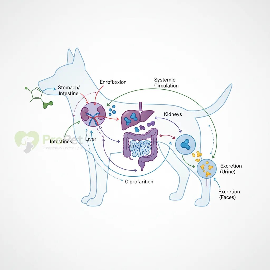 Схема метаболизма энрофлоксацина в организме собаки