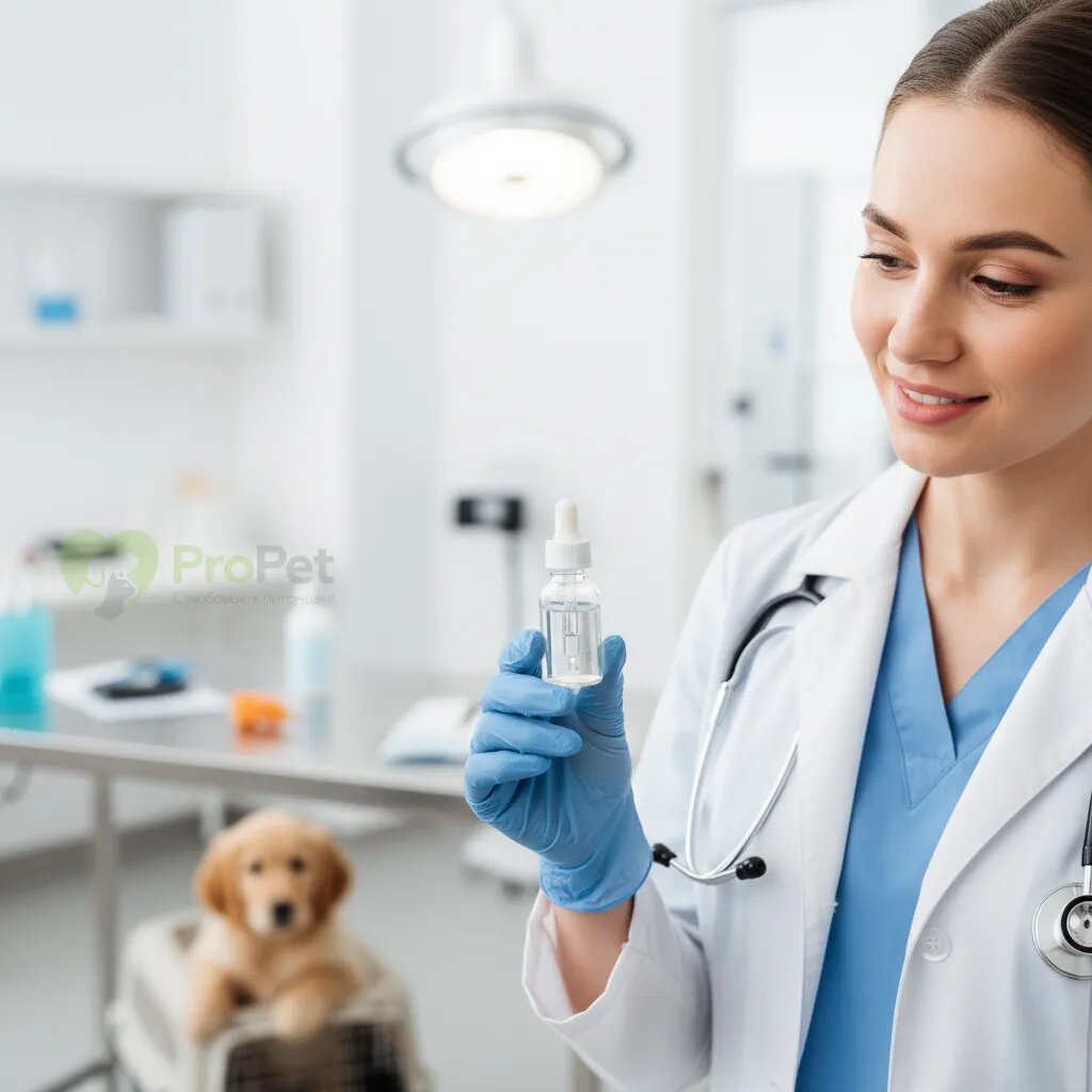 Ветеринар в клинике держит флакон с лекарством