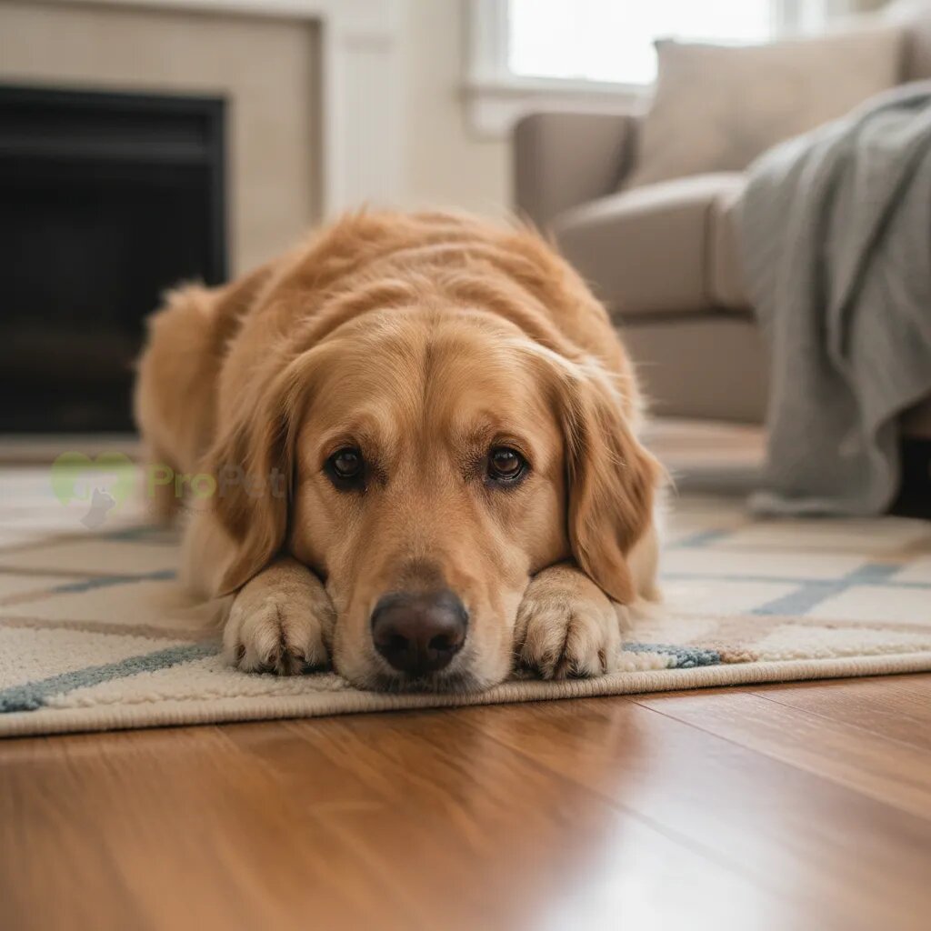 Собака с грустным видом лежит на коврике