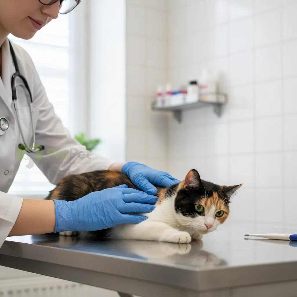 Ветеринарный врач в перчатках аккуратно осматривает кошку на столе