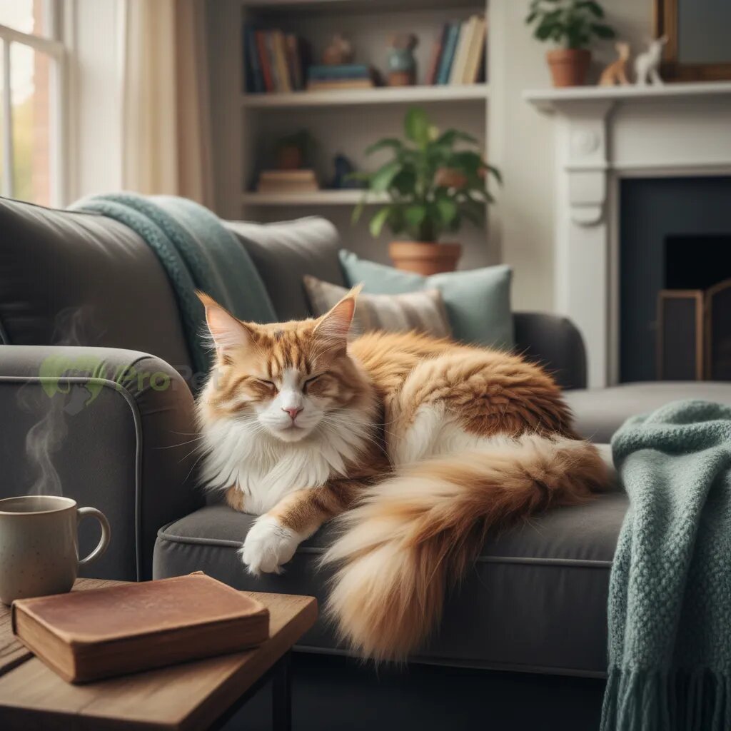 Спокойная кошка породы мейн-кун отдыхает на диване