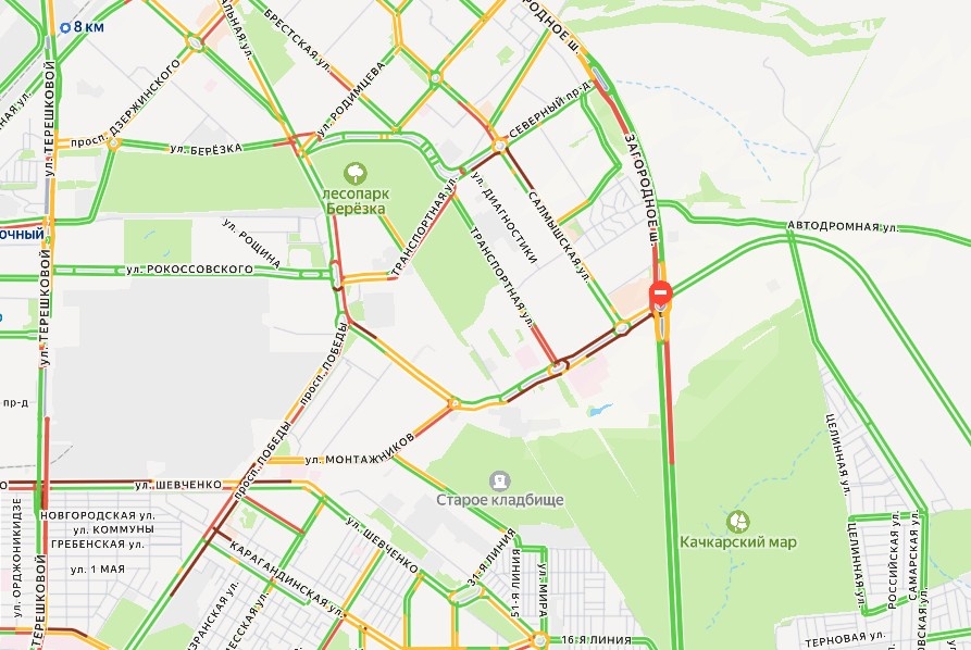    К вечеру пробка на Загородном шоссе в Оренбурге стала меньше
