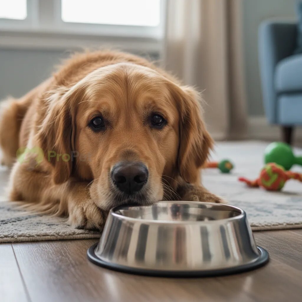 Грустная собака смотрит в пустую миску