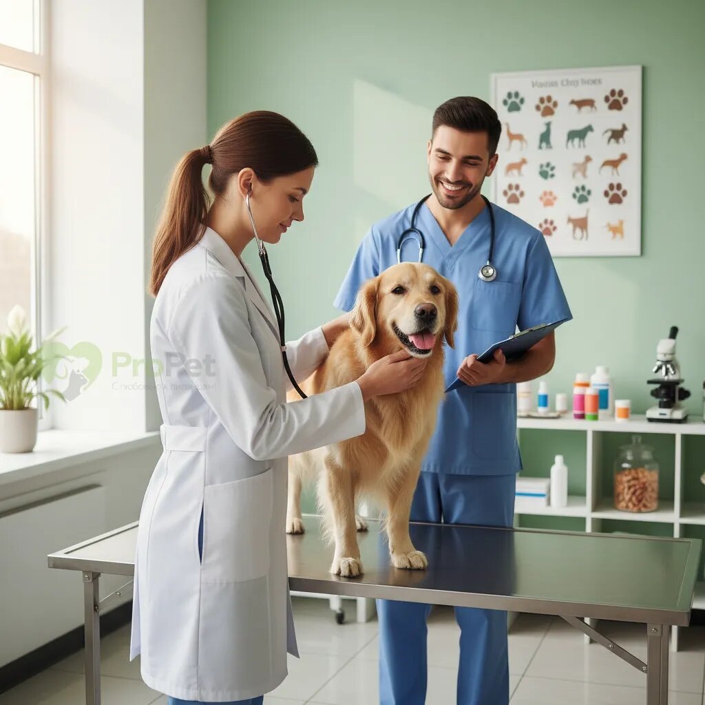 Ветеринар осматривает собаку