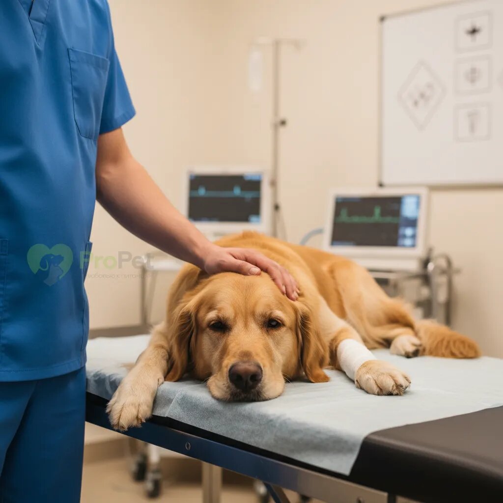 Собака в ветеринарной клинике после операции