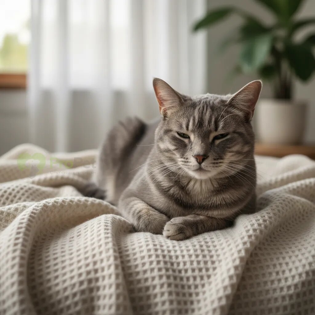 Спокойная серая кошка лежит на светлом пледе