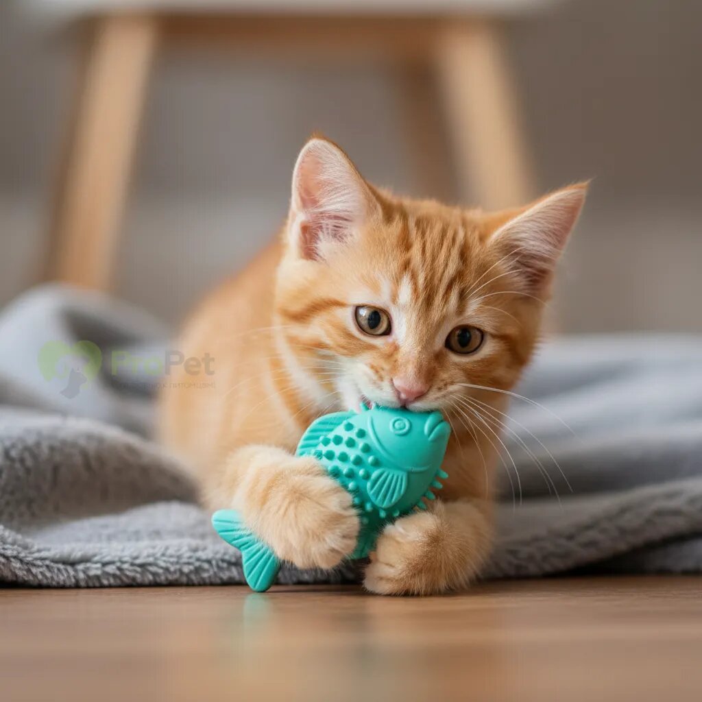 Котенок жует специальную игрушку для прорезывания зубов