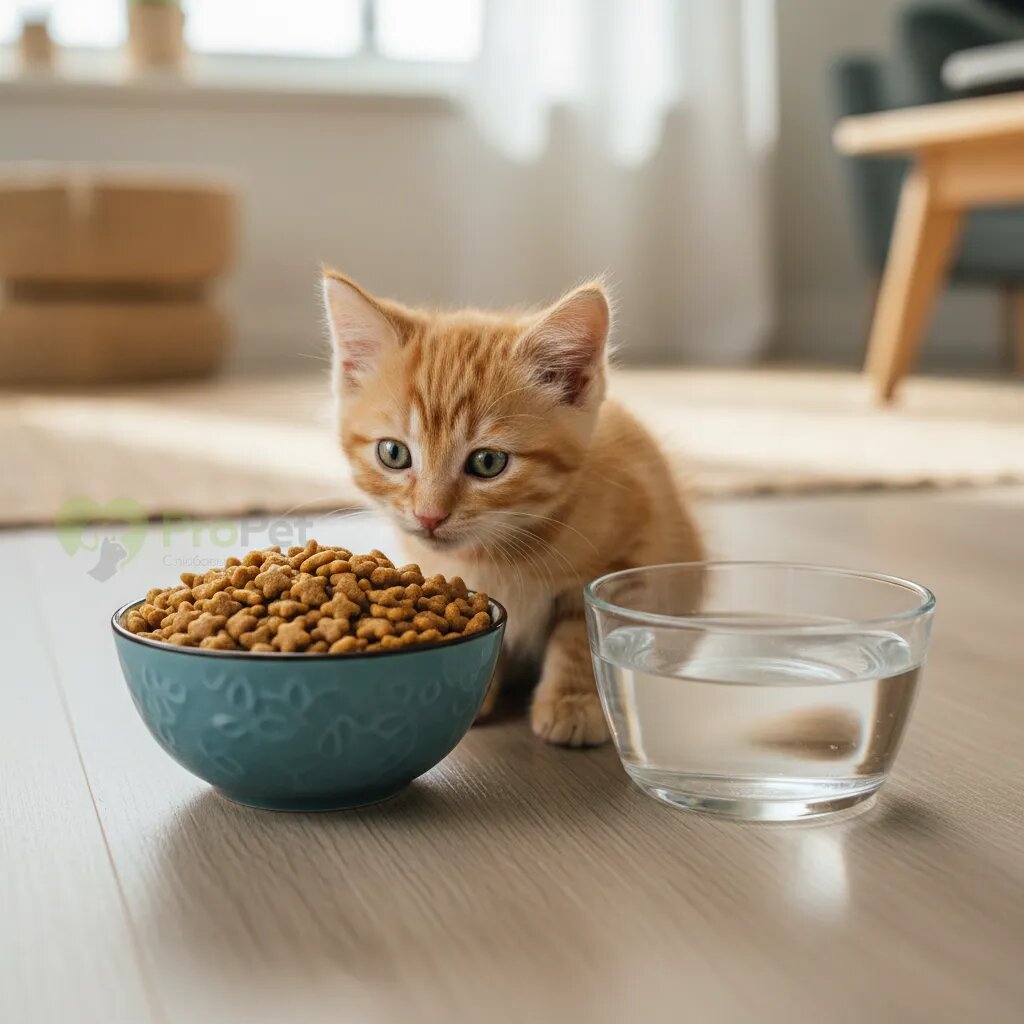 Миска с сухим кормом для котенка и рядом стоящая миска с водой