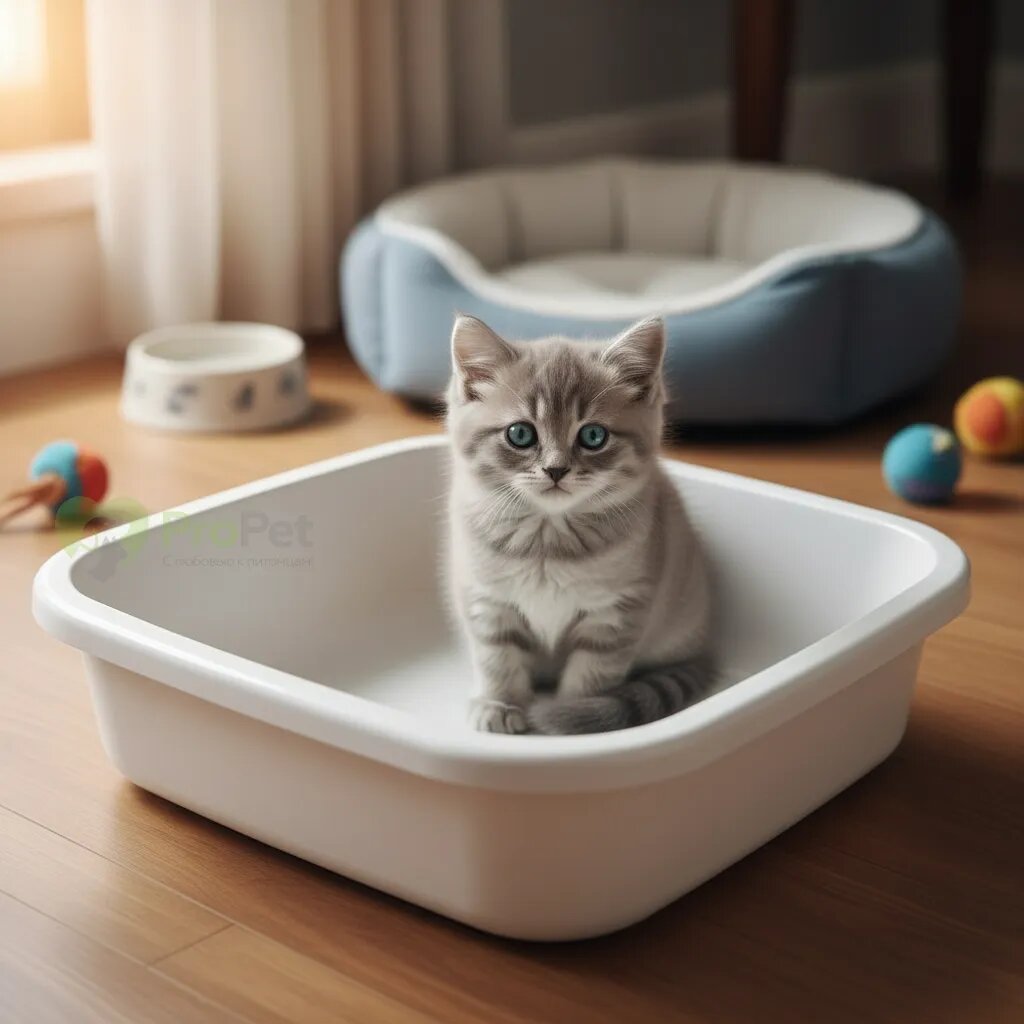 Маленький серый котенок сидит рядом с чистым лотком