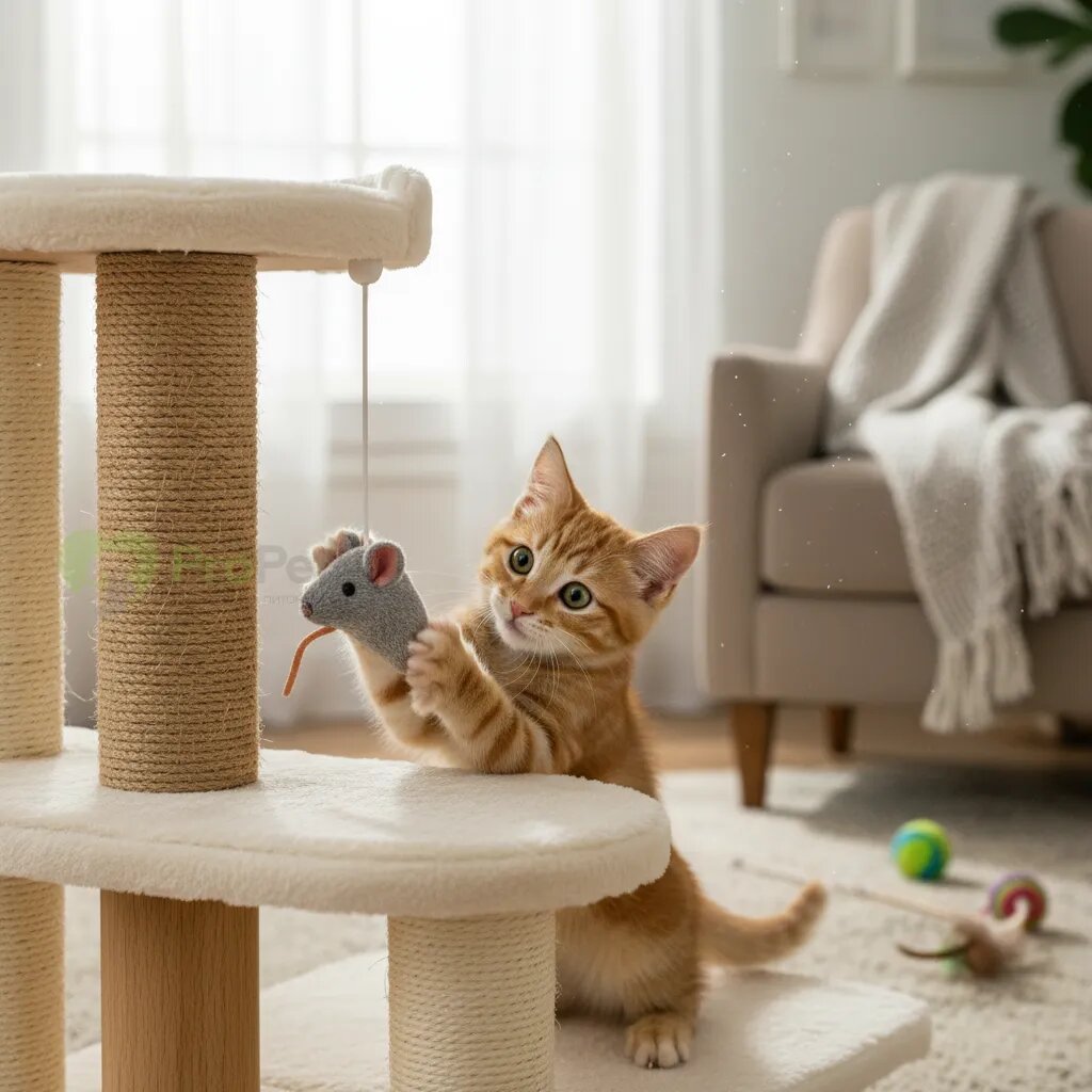 Котенок играет с игрушкой рядом с когтеточкой