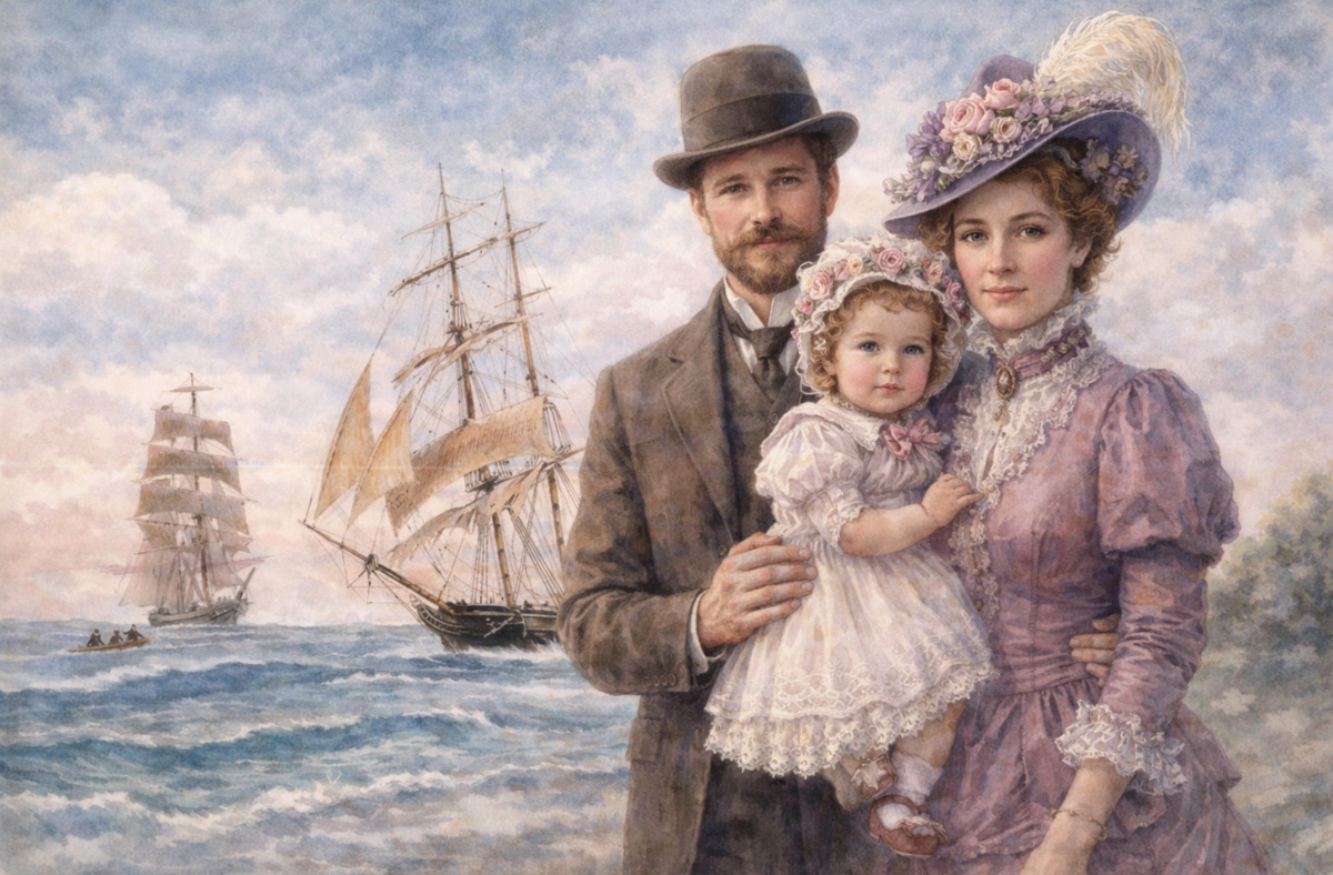 Иллюстрация к рассказу. На переднем плане капитан Бриггс с семьей, на заднем плане: момент обнаружения «Марии Целесты».