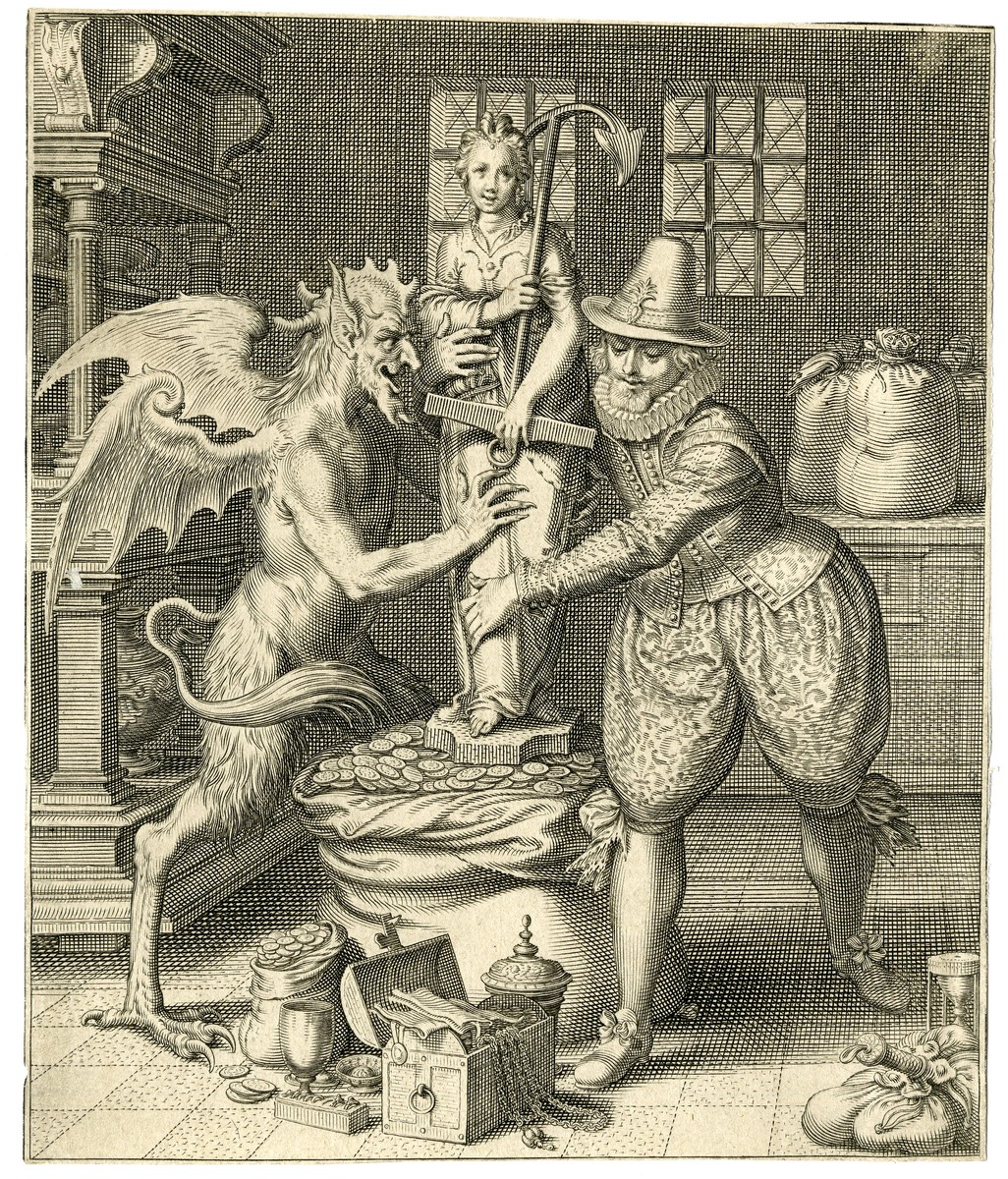 Средневековая гравюра "Демон и рыцарь (элита) искушают юного короля Святого Карла богатством, бессмертием и властью над миром." Художник Мартин Шонгауэр, 1470 год. Источник - br.pinterest.com 