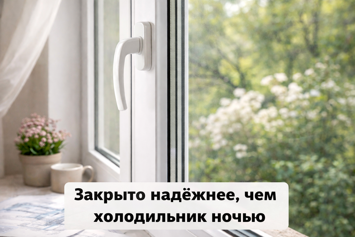 Закрыто - когда ручка строго вниз, и створка плотно прижата по всему периметру.