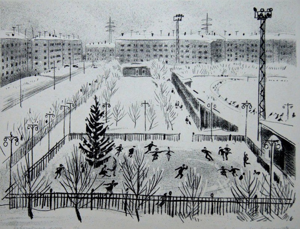 Стадион «Металлург». Фото: Художник Владимир Ветрогонский. 1970 год