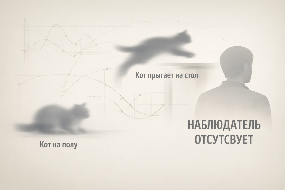 Стильная схема, где кот изображен как размытая фигура (как на научной графике) в двух позициях сразу — на полу и в прыжке на стол. Рядом — условный человеческий силуэт, отворачивающийся, с надписью «наблюдатель отсутствует»