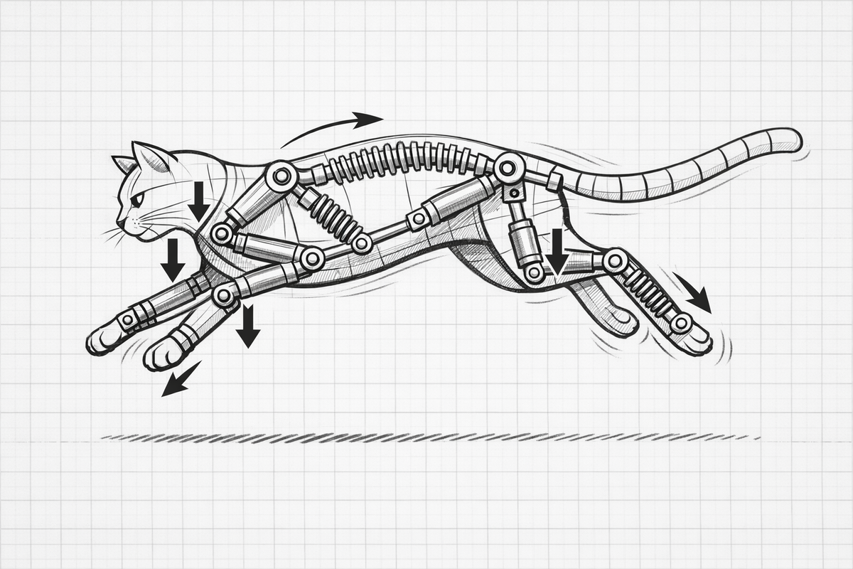 Анимация в стиле инженерной графики, где тело кошки в прыжке показано как система рычагов, пружин (сухожилия) и поршней (мышцы). Стрелки указывают на точки приложения силы.]
