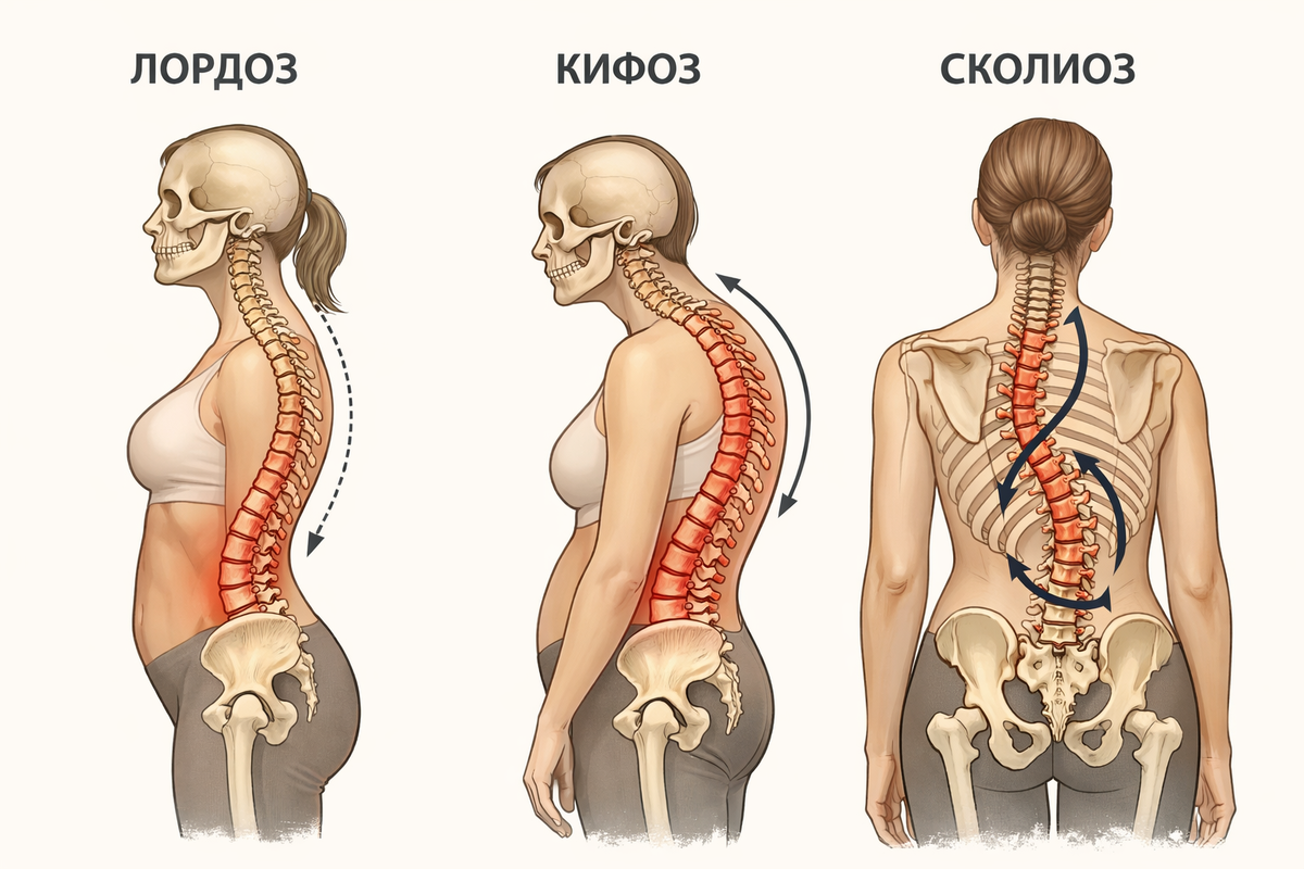 Разные виды искривления позвоночника. В норме у позвоночника есть естественные изгибы: шейный и поясничный отделы вогнуты вперёд, а грудной и крестцовый — выпуклы назад. Однако под влиянием негативных факторов естественные изгибы могут приобретать патологические черты.