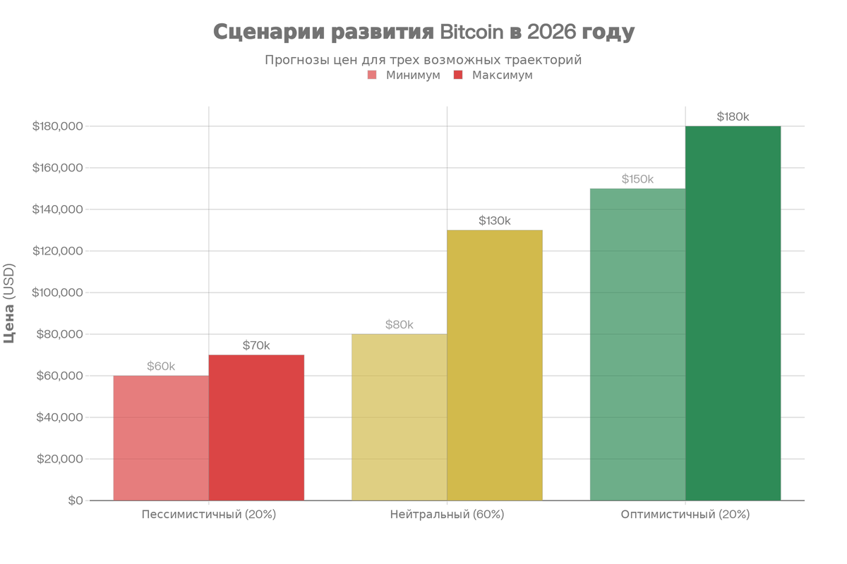 Три основных сценария развития Bitcoin в 2026 году с указанием вероятности реализации каждого. Наиболее вероятный нейтральный сценарий предполагает диапазон $80,000-$130,000