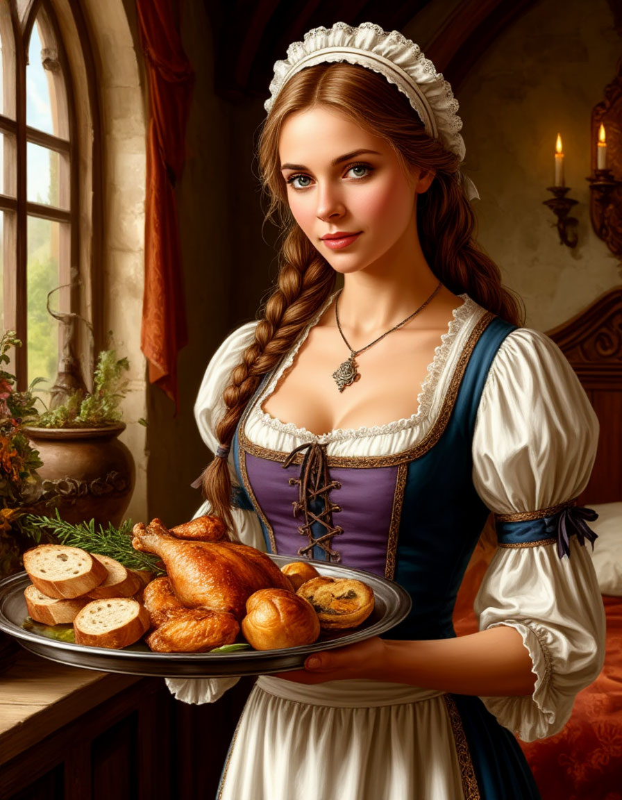 Симпатичная служанка принесла блюдо с едой. Картинка создана ИИ.