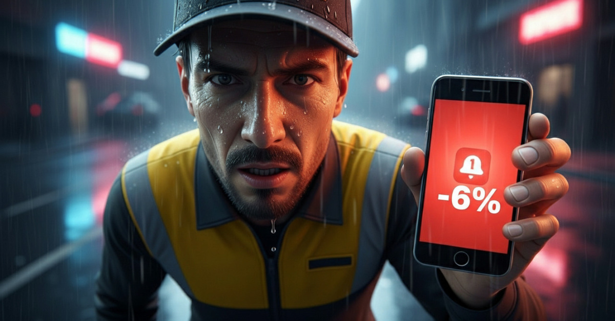 Лицо курьера, который увидел, что система забрала свою долю даже с ваших 50 рублей «на чай».