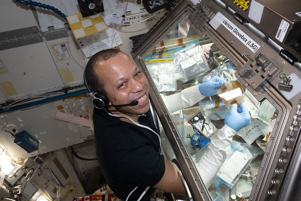 Кристофер Уильямс работает с микробиологическим образцами в перчаточном боксе LSG в ЭМ Kibo. Фото: nasa.blog.com