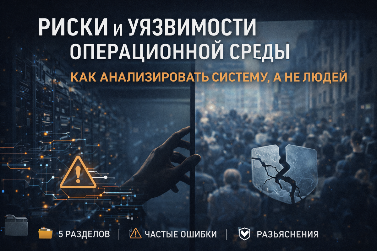 Абстрактная аналитическая обложка к статье о рисках операционной среды: слева — серверная инфраструктура с подсвеченными цифровыми связями и предупреждающим символом, справа — размытая масса людей за стеклянной перегородкой.