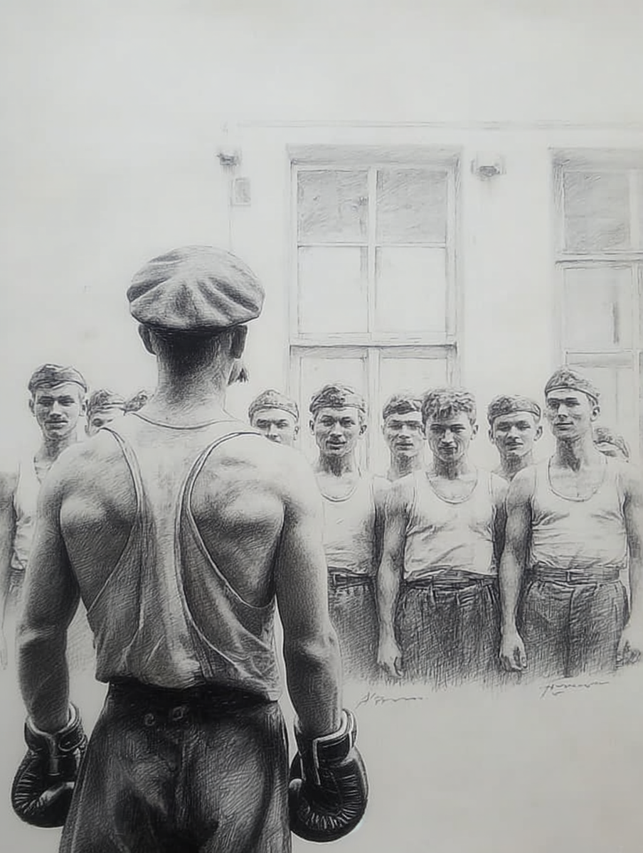 Мы смотрели на загадочного молодого мужчину с усами. Казалось, он жил в этой казарме лет сто, с тех пор как ее эту казарму здесь построили еще при царях. Иллюстрация ии создана по описанию автора.