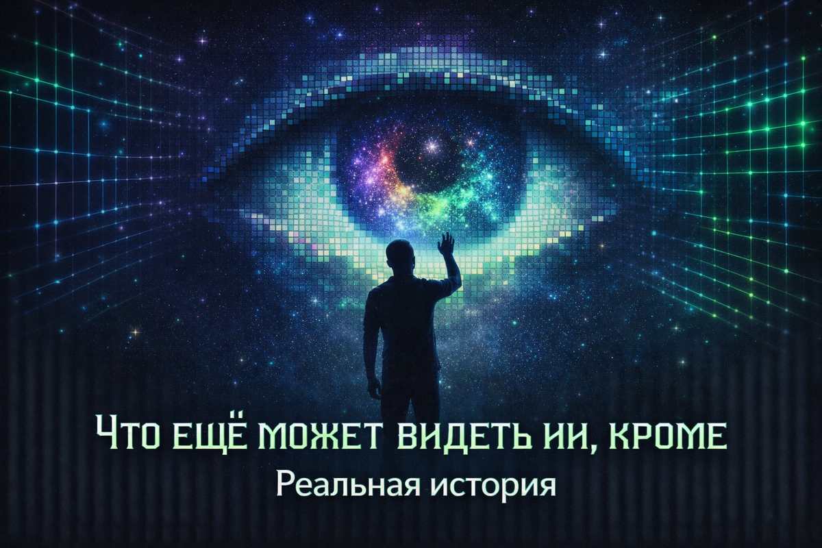 Человек в цифровой реальности тянется к гигантскому пиксельному глазу, в котором отражается голографическая вселенная. Концепция симуляции, матрицы и искусственной реальности