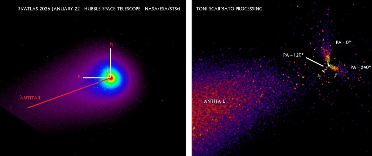 Карта яркости 3I/ATLAS в ложных цветах, полученная 22 января 2026 года с выдержкой 170 секунд камерой WFC3 UVIS (F350LP) космического телескопа Хаббл (левая панель). Карта была обработана с помощью фильтра вращательного градиента Ларсона-Секанины, который удаляет круговое симметричное свечение вокруг ядра, показывающее четыре струи (правая панель). Структура струй включает в себя заметный антихвост, направленный на Солнце и Землю в этот день, а также систему из трех мини-струй, окружающих ядро. Эти мини-струи разделены углом в 120 градусов друг от друга, но одна из них (обозначенная позиционным углом PA=120 градусов) тусклая, возможно, потому что она скрыта в неблагоприятном положении относительно Земли. (Изображение предоставлено Тони Скармато на основе данных, опубликованных NASA/ESA/STScI)