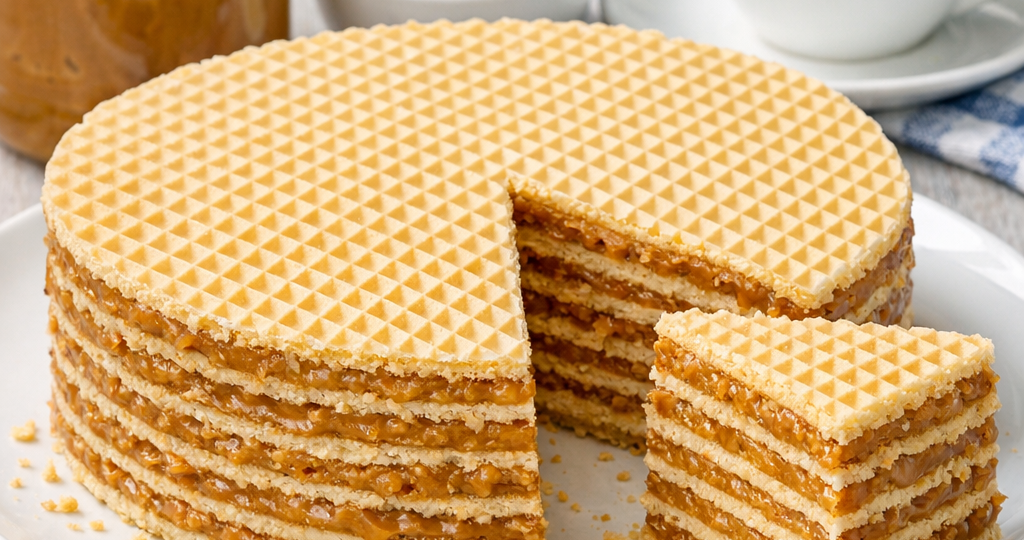 Вафельный торт с варёной сгущёнкой: как приготовить десерт за 15 минут без печи
