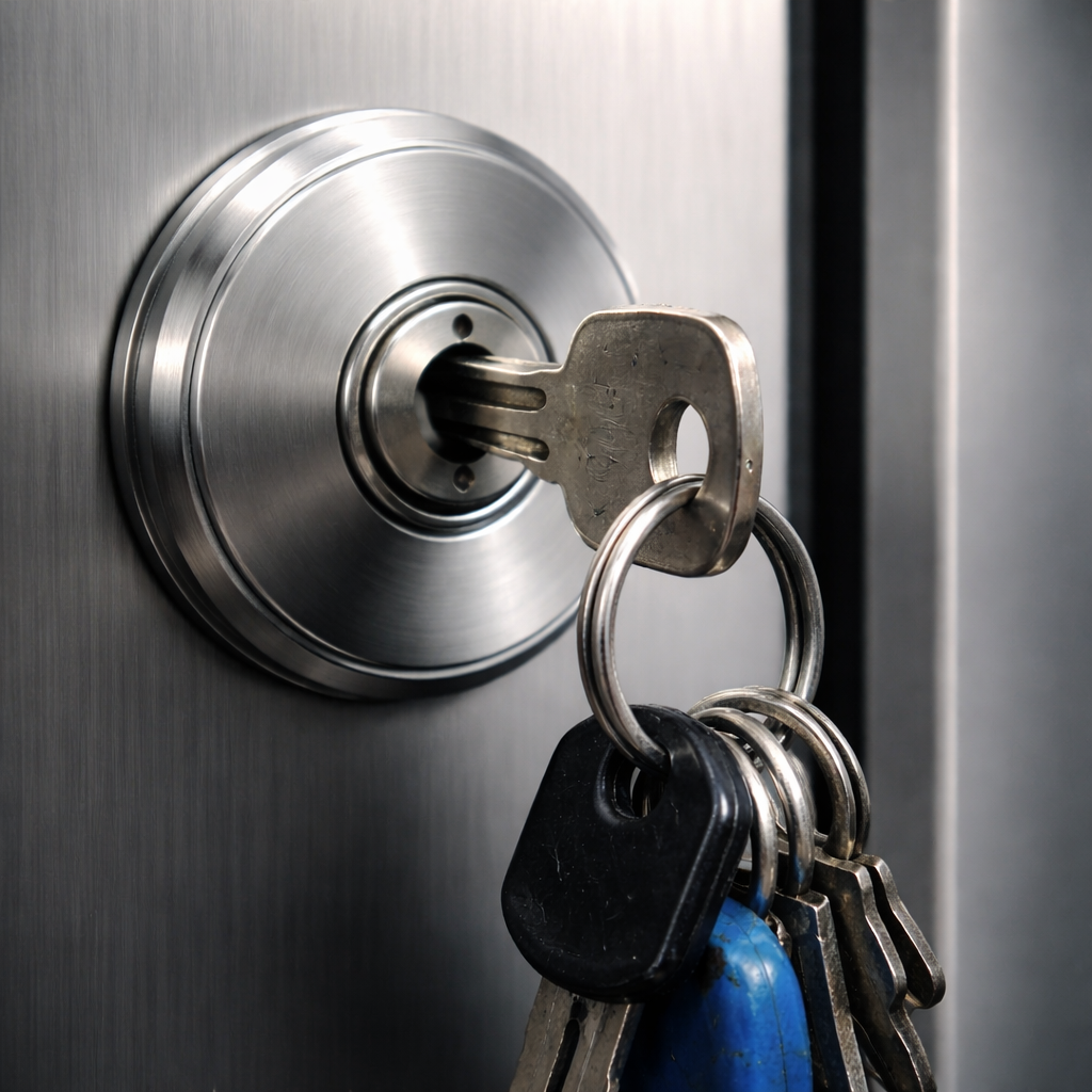 Застрявший ключ в замочной скважине двери крупным планом