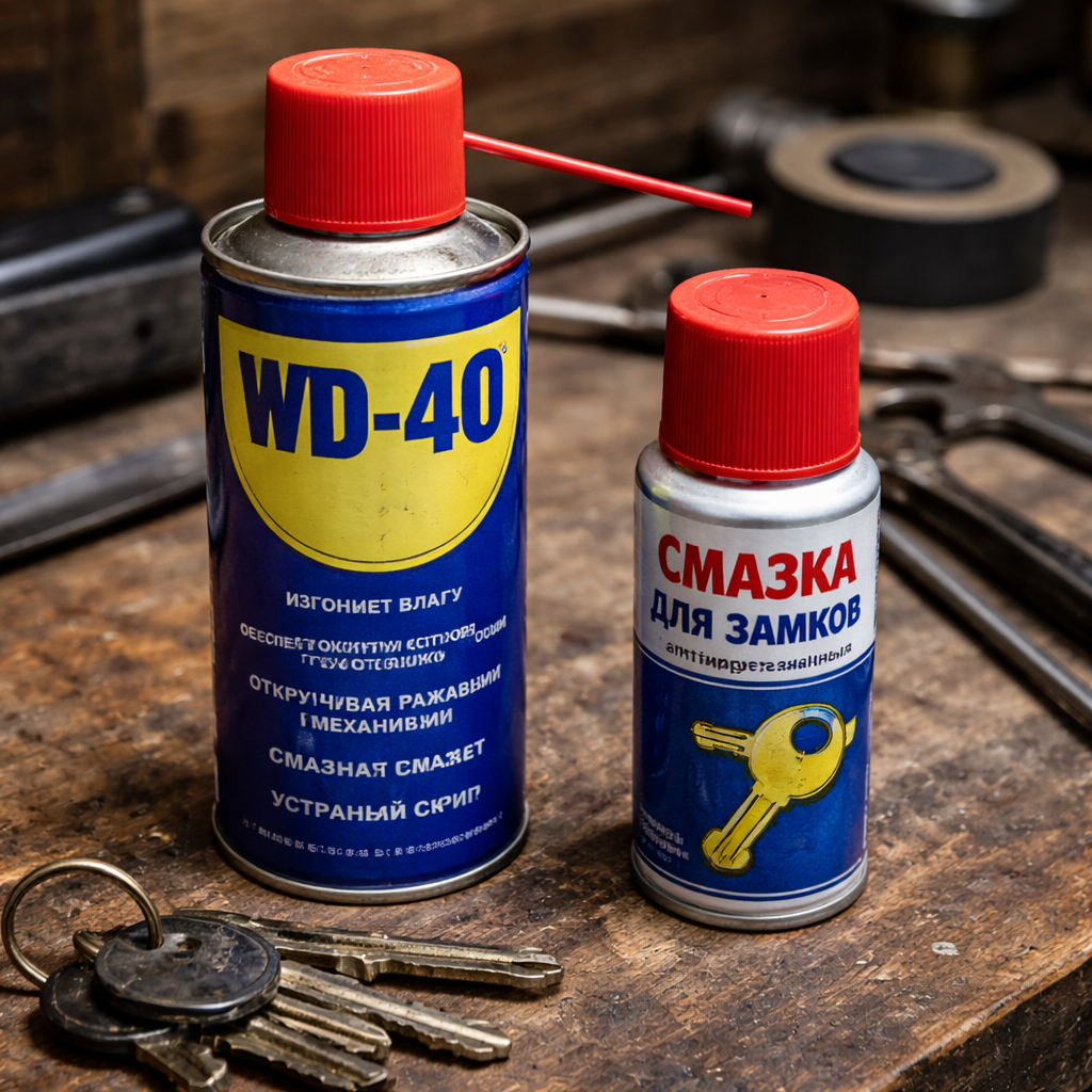Баллончик WD-40 и смазка для замков на столе