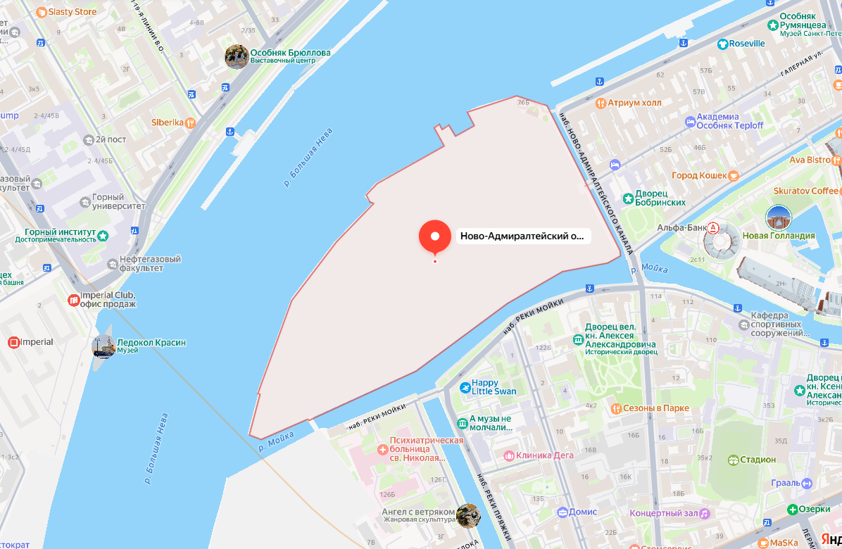 Ново-Адмиралтейский остров на карте Санкт-Петербурга