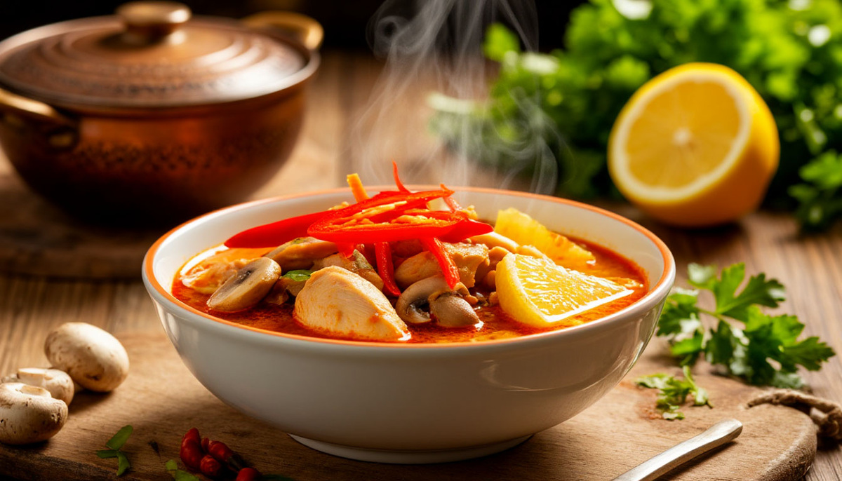 🍲 Тайский суп Том Ям по-ростовски: вместо кокосового молока — сливки 10%, вместо лемонграсса — цедра лимона.