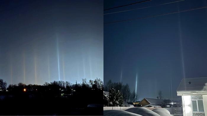 Световые столбы в Нижегородской области. Коллаж © Telegram / «Мой Нижний Новгород»