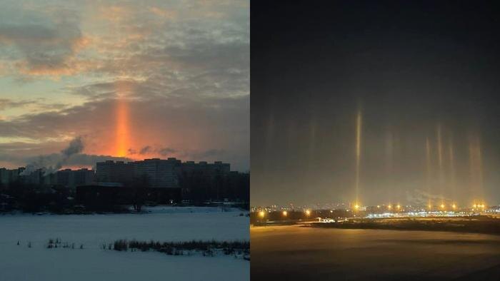 Световые столбы в Самарской и Воронежской областях. Коллаж © Telegram / «Самара с огоньком» / «Т-Воронеж»