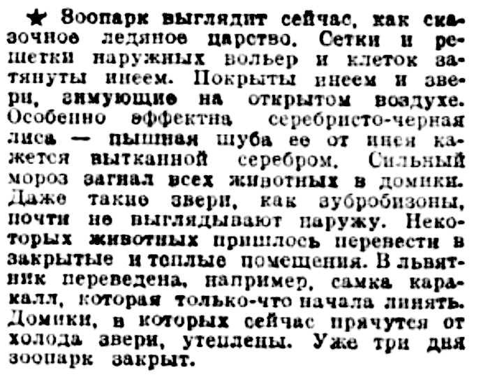 Ситуация в Московском зоопарке во время первой волны холода. Из газеты "Вечерняя Москва" за 10 января 1940 года (№8).