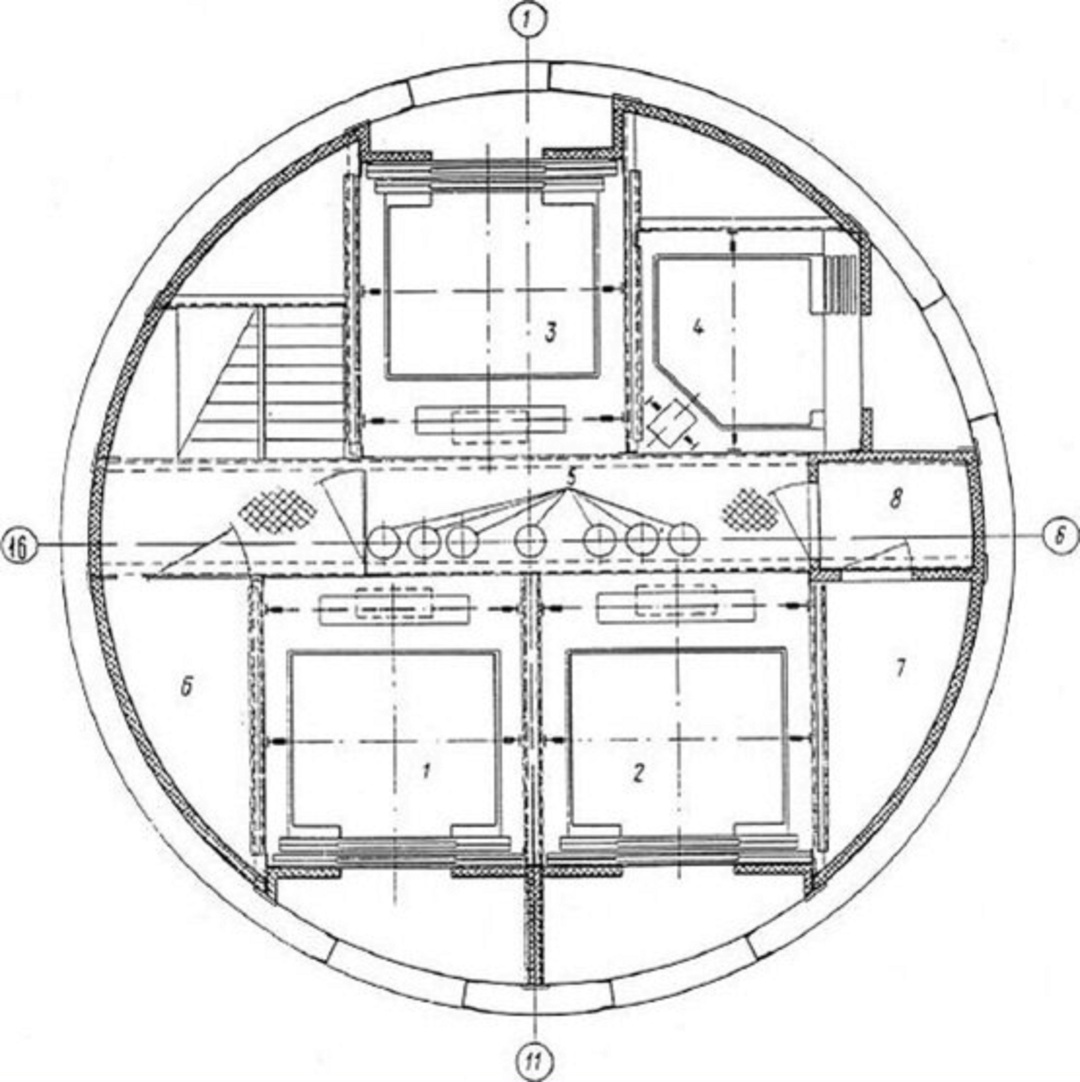 План ствола Останкинской телебашни: 1...4 — лифты:5 — радиотехнические фидеры; 6 — шахта кабельной связи; 7 — шахта кабелей; 8 — шахта сантехническая